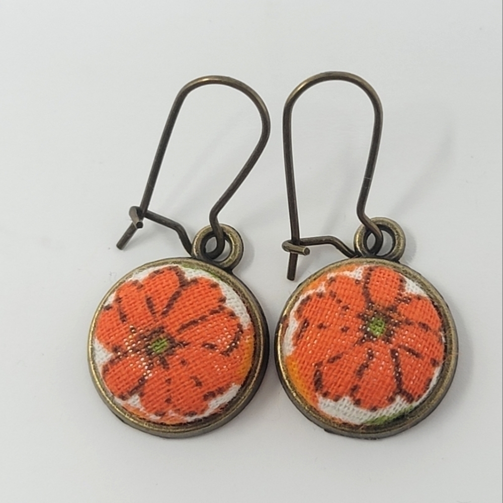New Handmade | Vintage Floral Upcycled Fabric Button Earwire Dangle Earrings